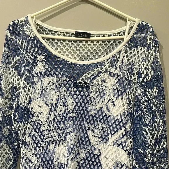 [M] Bali Corp  3/4 sleeve Blouse Layered made in Canada Blue White Mesh - Picture 2 of 5